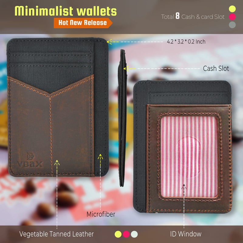VBAX RFID Slim Wallet for Men Women, 8 Card Slot Leather Minimalist Front Pocket Credit Card Holders Black Vintage Leather - Image 2